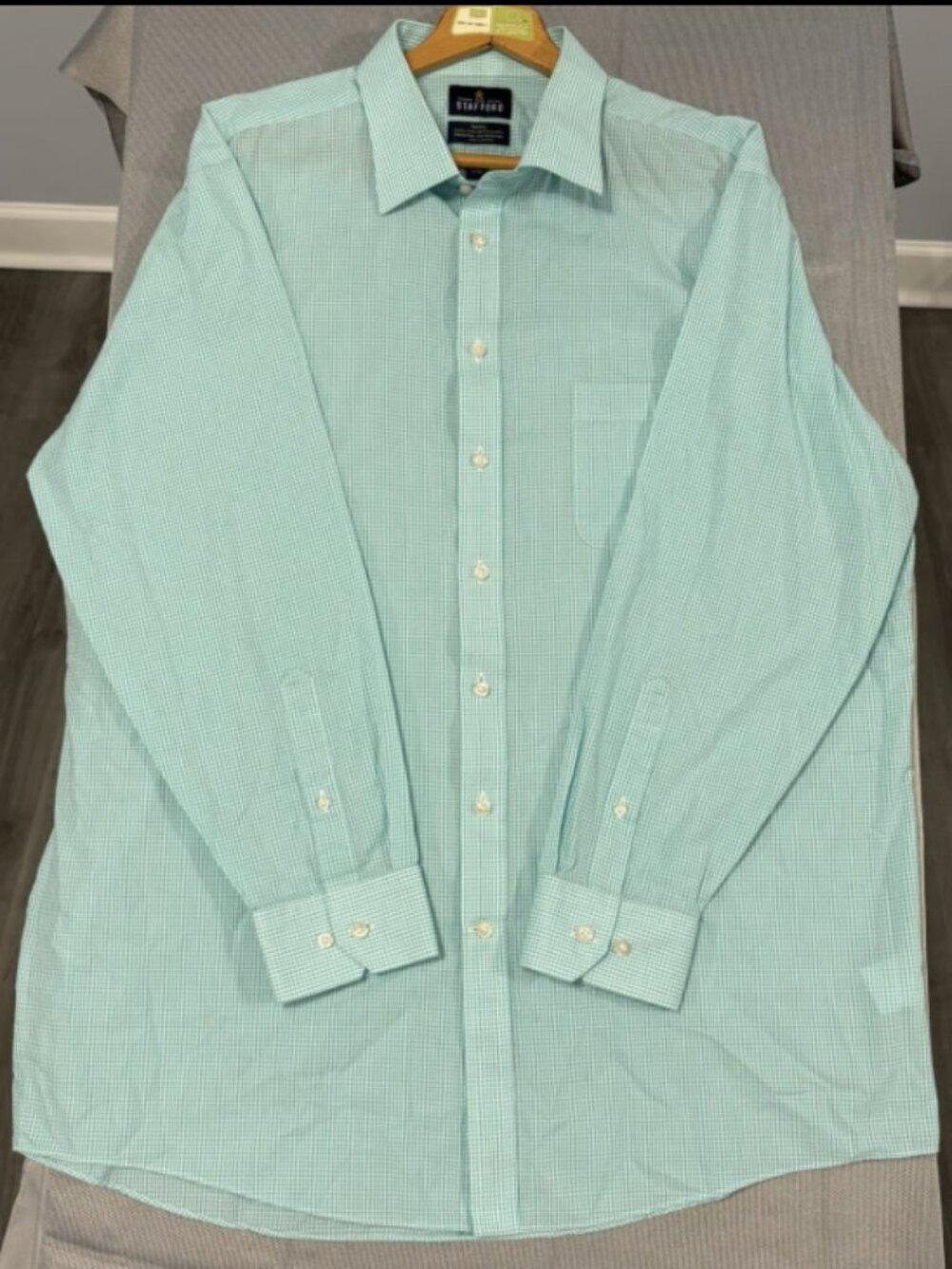 Stafford Men's Dress Shirt Green White Micro Check Plaid Long Sleeve